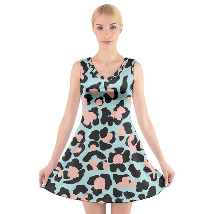 Blue And Pink Jaguar Dots Leopard V-Neck Sleeveless Dress