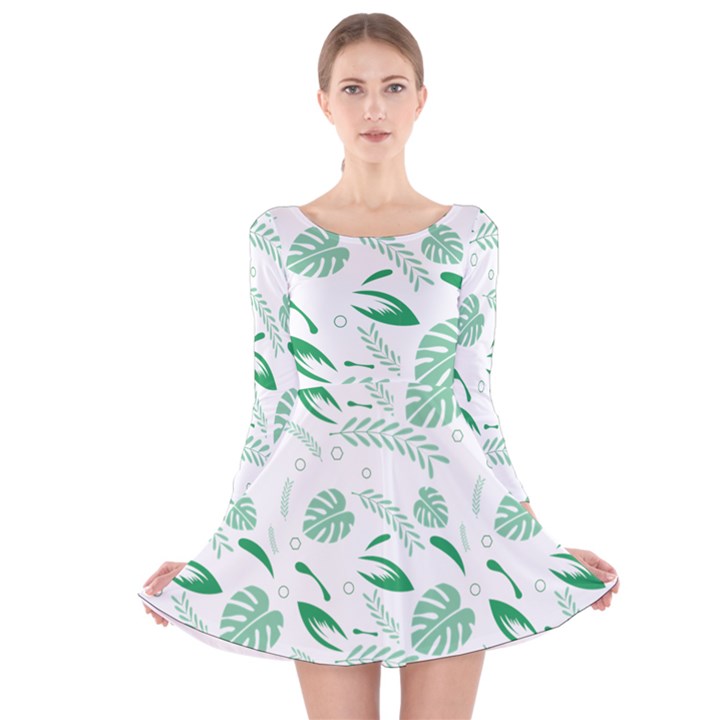 Green Nature Leaves Draw    Long Sleeve Velvet Skater Dress