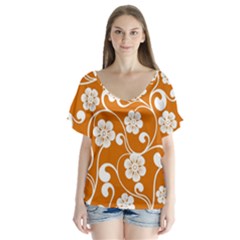 Orange Floral Walls  V-neck Flutter Sleeve Top by ConteMonfreyShop