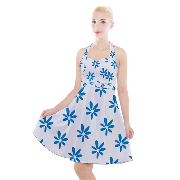 Little Blue Daisies  Halter Party Swing Dress 