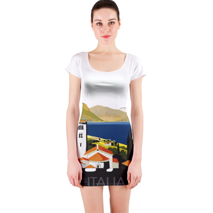 River Small Town Landscape Short Sleeve Bodycon Dress