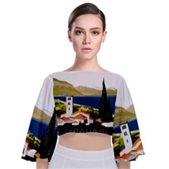 River Small Town Landscape Tie Back Butterfly Sleeve Chiffon Top by ConteMonfrey