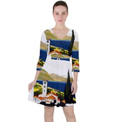 River Small Town Landscape Quarter Sleeve Ruffle Waist Dress by ConteMonfrey