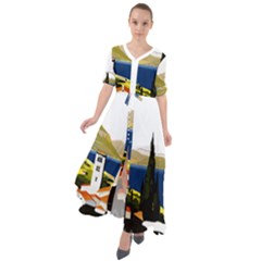 River Small Town Landscape Waist Tie Boho Maxi Dress by ConteMonfrey