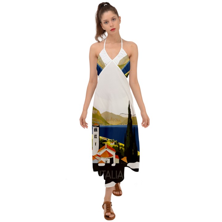 River Small Town Landscape Halter Tie Back Dress 