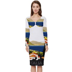 River Small Town Landscape Long Sleeve V-neck Bodycon Dress  by ConteMonfrey