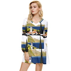 River Small Town Landscape Tiered Long Sleeve Mini Dress by ConteMonfrey