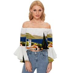 River Small Town Landscape Off Shoulder Flutter Bell Sleeve Top by ConteMonfrey