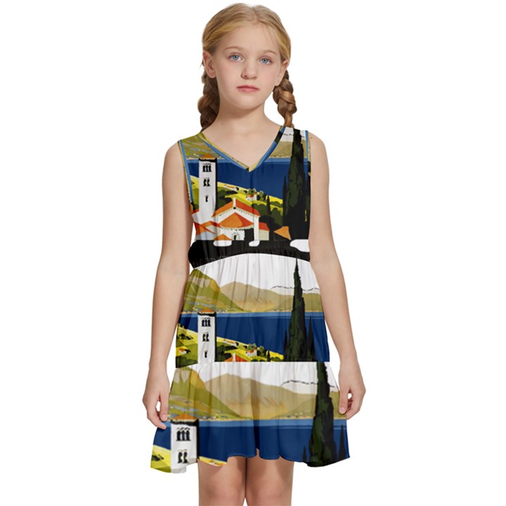 River Small Town Landscape Kids  Sleeveless Tiered Mini Dress