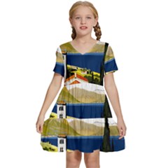 River Small Town Landscape Kids  Short Sleeve Tiered Mini Dress by ConteMonfrey