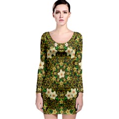 Flower Power And Big Porcelainflowers In Blooming Style Long Sleeve Bodycon Dress by pepitasart