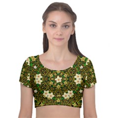 Flower Power And Big Porcelainflowers In Blooming Style Velvet Short Sleeve Crop Top  by pepitasart