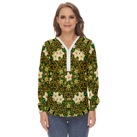 Flower Power And Big Porcelainflowers In Blooming Style Zip Up Long Sleeve Blouse by pepitasart