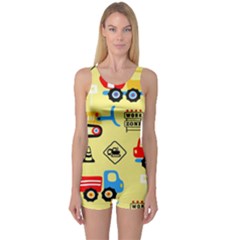 Seamless Pattern Vector Industrial Vehicle Cartoon One Piece Boyleg Swimsuit