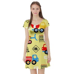 Seamless Pattern Vector Industrial Vehicle Cartoon Short Sleeve Skater Dress