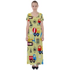 Seamless Pattern Vector Industrial Vehicle Cartoon High Waist Short Sleeve Maxi Dress