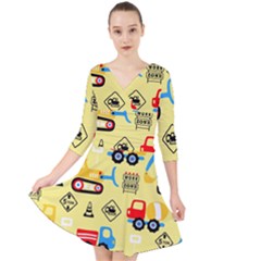 Seamless Pattern Vector Industrial Vehicle Cartoon Quarter Sleeve Front Wrap Dress