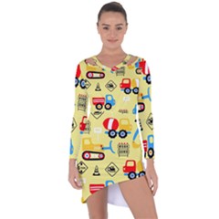 Seamless Pattern Vector Industrial Vehicle Cartoon Asymmetric Cut-out Shift Dress