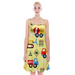 Seamless Pattern Vector Industrial Vehicle Cartoon Spaghetti Strap Velvet Dress