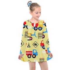 Seamless Pattern Vector Industrial Vehicle Cartoon Kids  Long Sleeve Dress