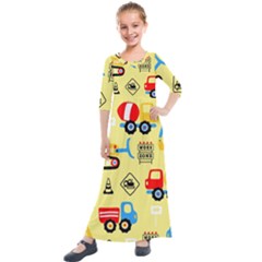 Seamless Pattern Vector Industrial Vehicle Cartoon Kids  Quarter Sleeve Maxi Dress by Jancukart