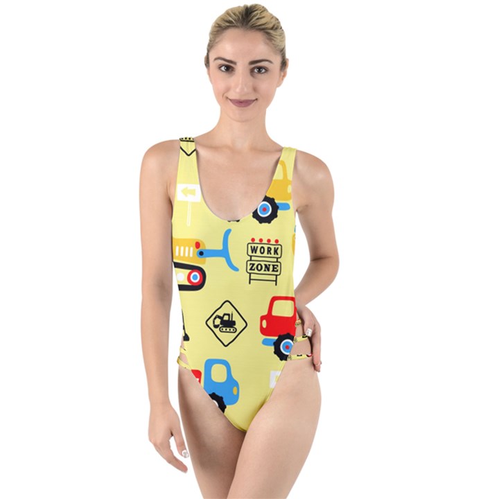 Seamless pattern vector industrial vehicle cartoon High Leg Strappy Swimsuit