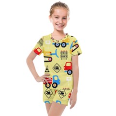 Seamless Pattern Vector Industrial Vehicle Cartoon Kids  Mesh Tee And Shorts Set