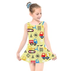 Seamless Pattern Vector Industrial Vehicle Cartoon Kids  Skater Dress Swimsuit by Jancukart