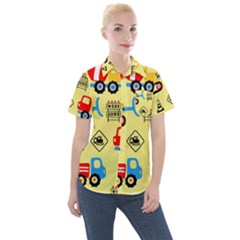 Seamless Pattern Vector Industrial Vehicle Cartoon Women s Short Sleeve Pocket Shirt