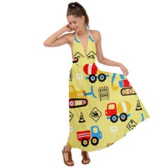 Seamless Pattern Vector Industrial Vehicle Cartoon Backless Maxi Beach Dress