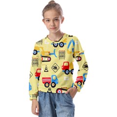 Seamless Pattern Vector Industrial Vehicle Cartoon Kids  Long Sleeve Tee With Frill 