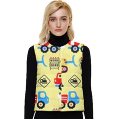 Seamless Pattern Vector Industrial Vehicle Cartoon Women s Short Button Up Puffer Vest