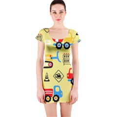 Seamless Pattern Vector Industrial Vehicle Cartoon Short Sleeve Bodycon Dress