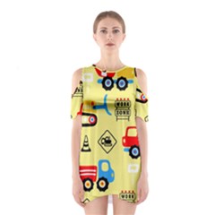 Seamless Pattern Vector Industrial Vehicle Cartoon Shoulder Cutout One Piece Dress