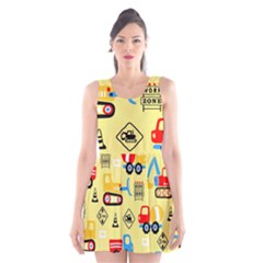 Seamless Pattern Vector Industrial Vehicle Cartoon Scoop Neck Skater Dress