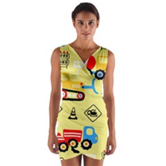 Seamless Pattern Vector Industrial Vehicle Cartoon Wrap Front Bodycon Dress