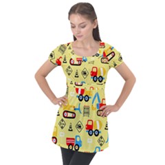 Seamless Pattern Vector Industrial Vehicle Cartoon Puff Sleeve Tunic Top