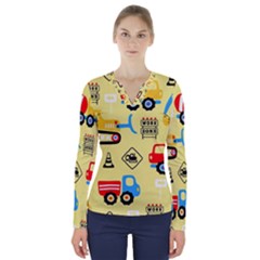 Seamless Pattern Vector Industrial Vehicle Cartoon V-neck Long Sleeve Top