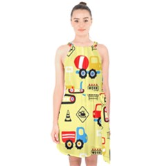 Seamless Pattern Vector Industrial Vehicle Cartoon Halter Collar Waist Tie Chiffon Dress by Jancukart