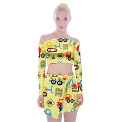 Seamless Pattern Vector Industrial Vehicle Cartoon Off Shoulder Top With Mini Skirt Set