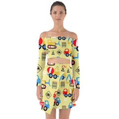 Seamless Pattern Vector Industrial Vehicle Cartoon Off Shoulder Top With Skirt Set