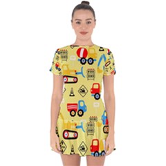 Seamless Pattern Vector Industrial Vehicle Cartoon Drop Hem Mini Chiffon Dress by Jancukart