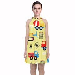 Seamless Pattern Vector Industrial Vehicle Cartoon Velvet Halter Neckline Dress 