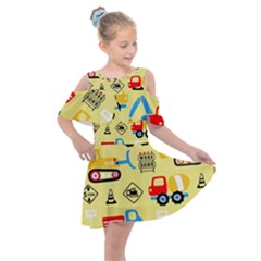 Seamless Pattern Vector Industrial Vehicle Cartoon Kids  Shoulder Cutout Chiffon Dress