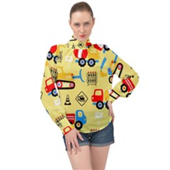 Seamless Pattern Vector Industrial Vehicle Cartoon High Neck Long Sleeve Chiffon Top