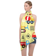 Seamless Pattern Vector Industrial Vehicle Cartoon Halter Asymmetric Satin Top