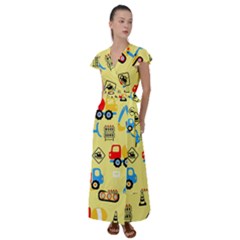 Seamless Pattern Vector Industrial Vehicle Cartoon Flutter Sleeve Maxi Dress