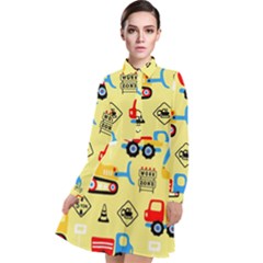 Seamless Pattern Vector Industrial Vehicle Cartoon Long Sleeve Chiffon Shirt Dress by Jancukart