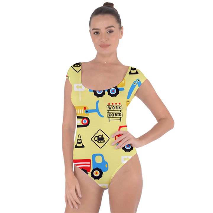 Seamless pattern vector industrial vehicle cartoon Short Sleeve Leotard 