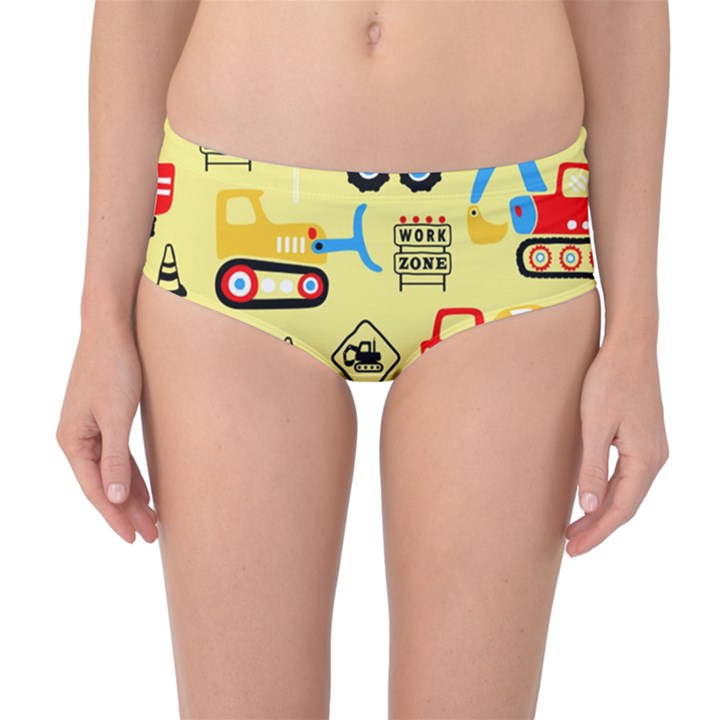 Seamless pattern vector industrial vehicle cartoon Mid-Waist Bikini Bottoms